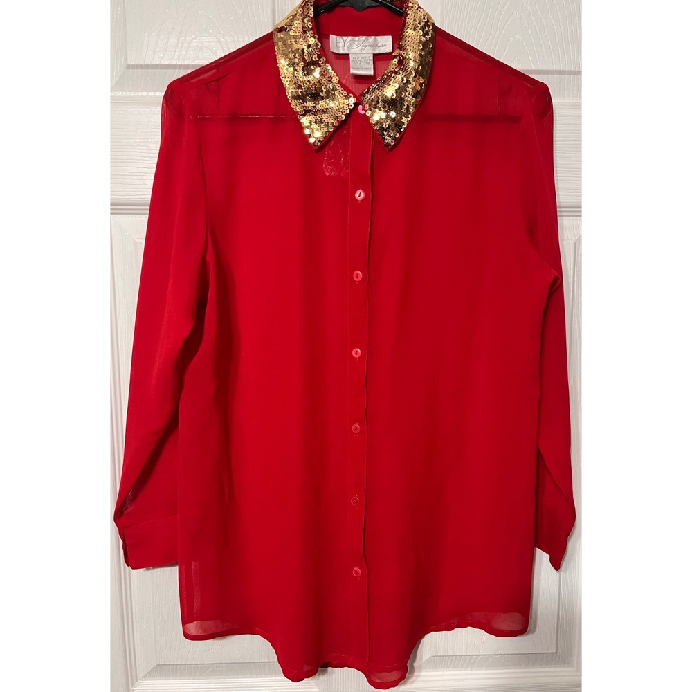 Worthington Red Button-Down Blouse with Gold Sequin Collar